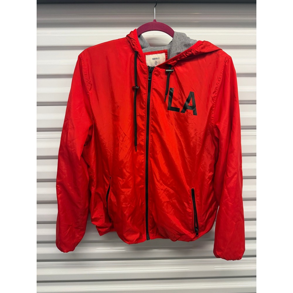 Forever 21 LA Windbreaker Jacket Red Full Zip Hooded womens Large